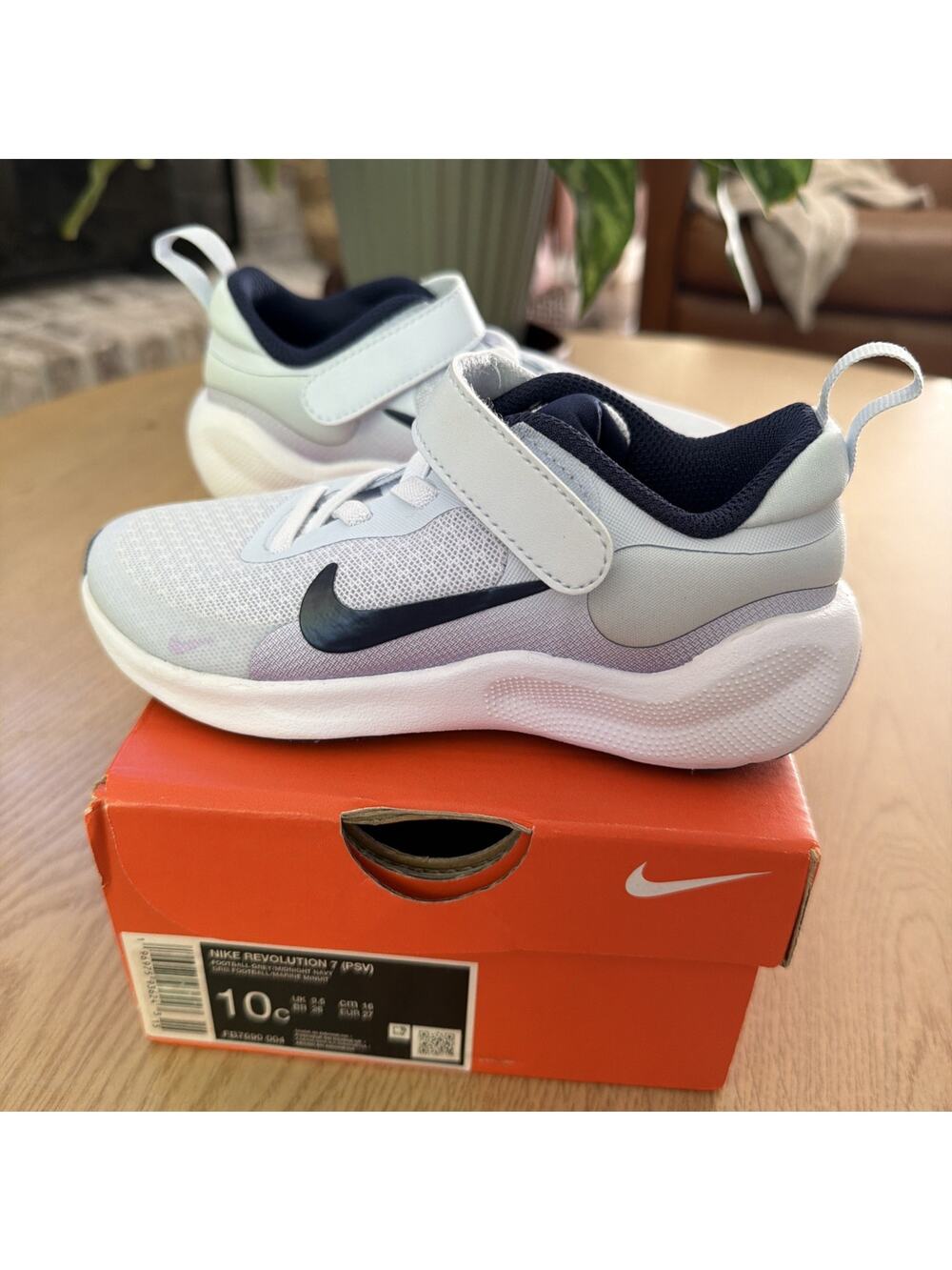 Nike Revolution 7 PSV Kids 10C Grey Navy Running Shoe FB7690-004 NWT